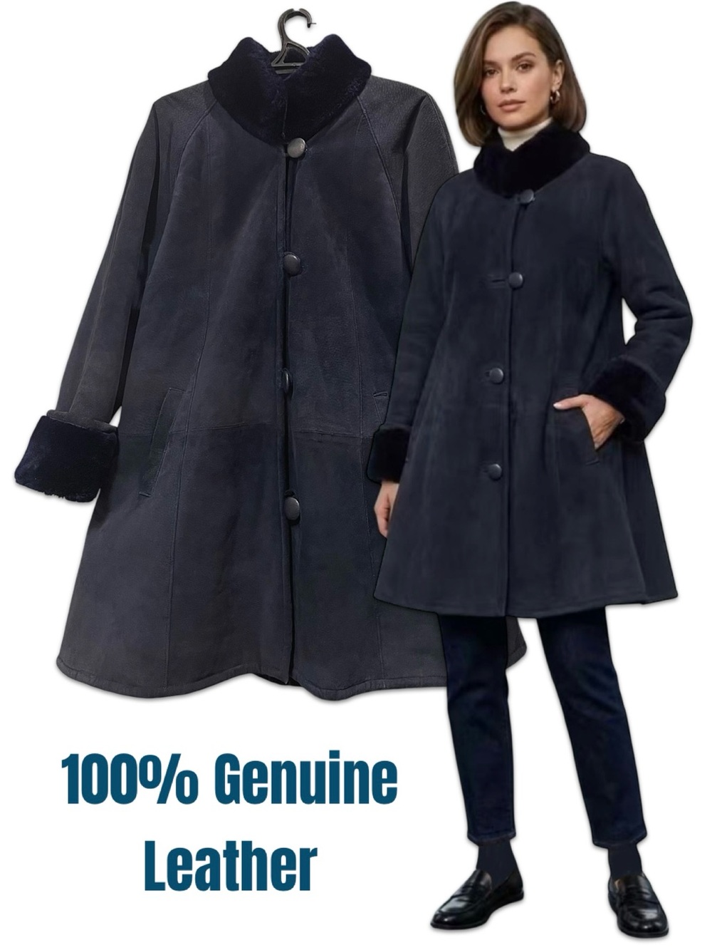 Women’s Navy Teddy Suede Coat with Faux Fur Trim